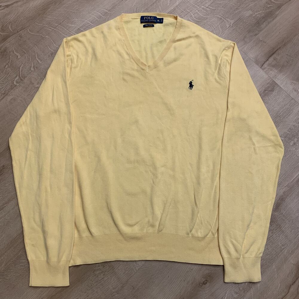 Polo Ralph Lauren V-Neck Sweater Men's XL Yellow Pima Cotton Knit Navy Blue Pony